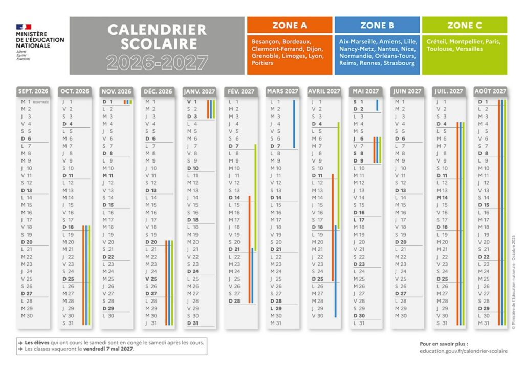 Calendrier scolaire 2026/2027